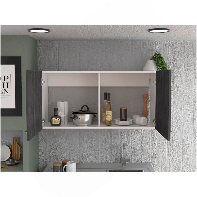 Armoire murale Napoles, deux tablettes, double porte - blanc / chêne fumé, Blanc / Gris