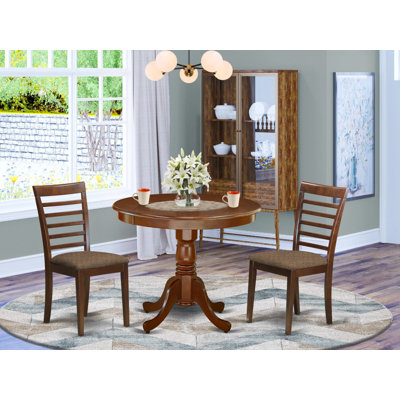 L'ensemble de table de salle à manger 3 pièces pour petits espaces comprend une table de cuisine ronde avec piédestal et 2 chaises de salle à manger en tissu de lin, 36 x 36 pouces, acajou