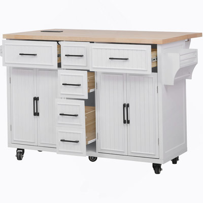 Rolling Kitchen Island With Drop Leaf, Built-In Power Outlet, Embossed Vertical Stripe Barn Doors, 4 Cabinets, 5 Drawers, Adjustable Shelves, And Lockable Wheels For Flexible Kitchen Or Dining Use.