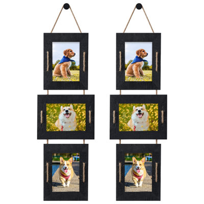 Hanging Picture Frames Rustic Solid Wood 3 Opening Picture Frame Collage Wall Mounted Set Display 4X6 Pictures With Mat Or 5X7 Without Mat (Weathered Black)