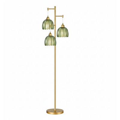Lampe sur pied dorée pour salon, chambre à coucher, lampe sur pied moderne de style Mid-Century, lampes sur pied en forme d'arbre en laiton à 3 lumières de hauteur, rétro sur pied, lumières rétro, verre, fleur verte, abat-jour, style bohémien