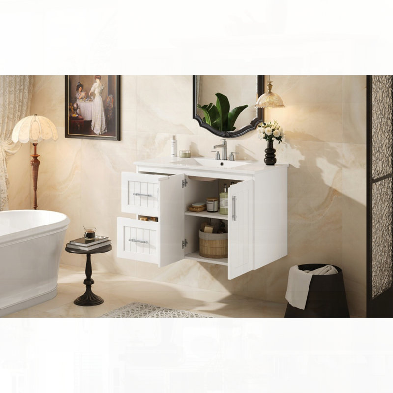 Tablette de meuble-lavabo mural avec tiroirs en céramique, Blanc