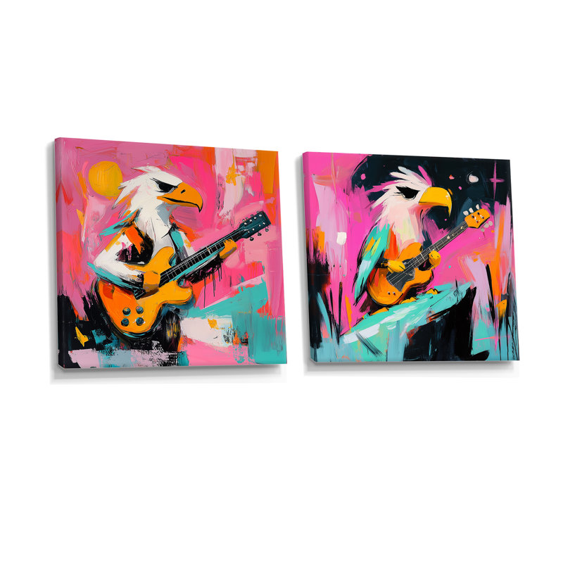 Pépinière, aigle jouant de la guitare I - aigle, art mural - ensemble d'art mural moderne 2 pièces, Toile tendue