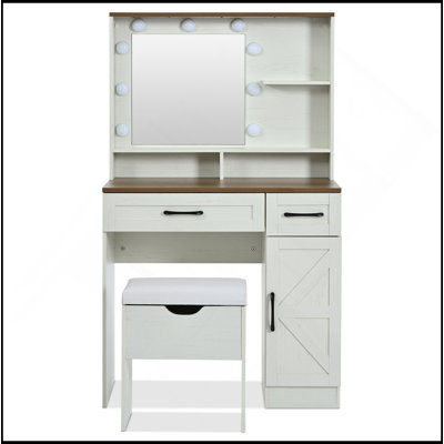 Farmhouse Makeup Vanity Desk With Mirror And Lights, 3 Lighting Modes, Vanity Set With Stool, Dressing Table With Adjustable Shelves,2 Drawers And Side Cabinet For Bedroom, White