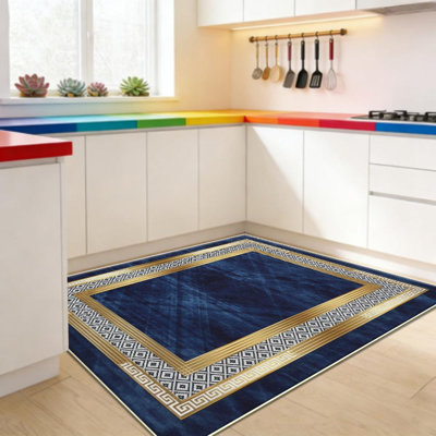 Antique Gold And Blue Geometric Pattern Area Rug, Soft And Lightweight, Suitable For All Seasons, Easy To Maintain And Easy To Clean, Machine Washable Carpet Floor Mat, Suitable For Living Room, Bedroom, Hallway, Balcony, Office, Room Decor, Home Decor,