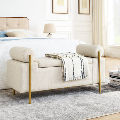 Banc rembourré beige avec accoudoirs cylindriques et système de support de pieds en fer stable pour le salon, la chambre à coucher, les couloirs résistants