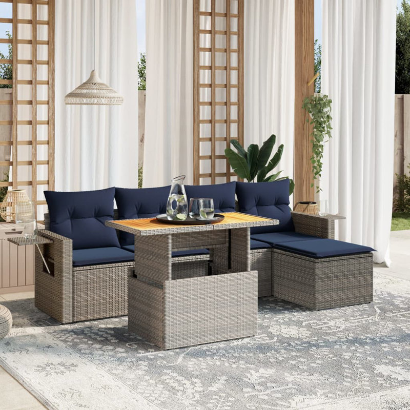 Ensemble de canapé de patio 6 pièces avec coussins en rotin de polyester, Gris, Bleu