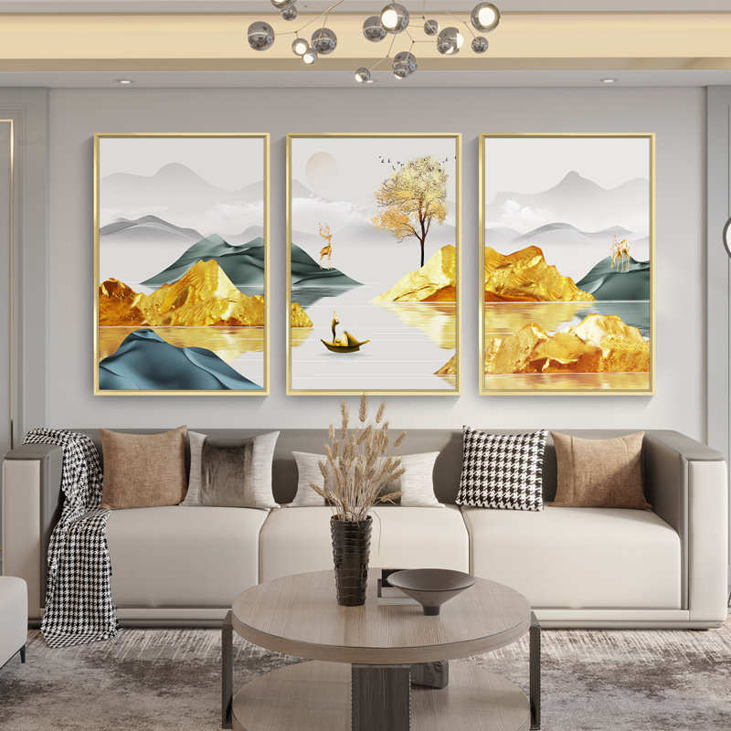Mountain Mountain, art mural encadré en aluminium - ensemble de 3 reproductions sur toile, Cadre doré