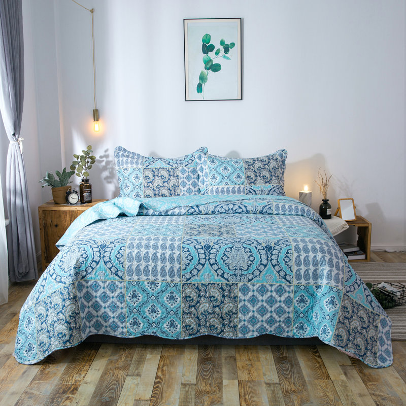 Polyester Geometric Shapes Quilt, Twin Quilt + 1 Sham, Airy Blue