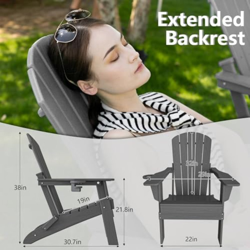 Folding Adirondack Chair, SGS Tested, Wooden Textured with Cup Holder, Heavy All-Weather HDPE Comfortable Set Poolside Backyard Lawn