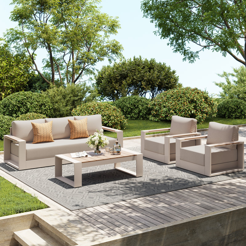 Outdoor Seating Group With Cushions, White, 4 Pcs: Table, Sofa, 2 Chairs, Armchair