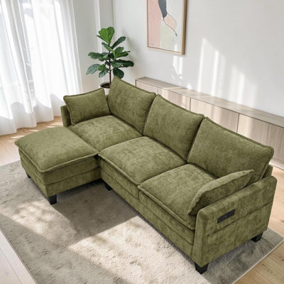 Canapé modulaire en L revêtu de L 108 po avec coussins en mousse compressée avec ports USB intégrés et poches latérales, système de support à double ressort Brooklington