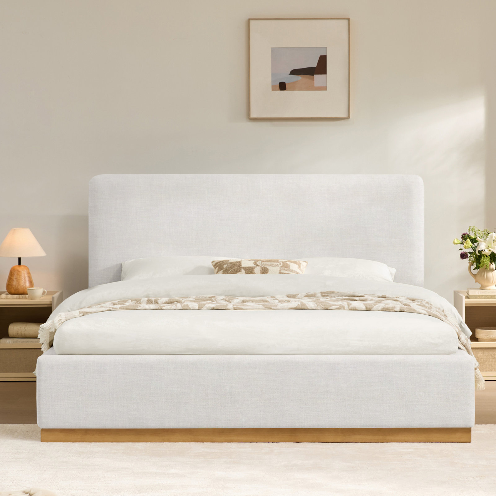 Delpha Grounded Upholstered Wood Base Bed, King, Selene White