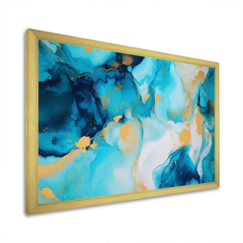 Turquoise luxueux, art fluide abstrait sur toile, H 16 po x l 32 po x P 1 po, Encadrement doré