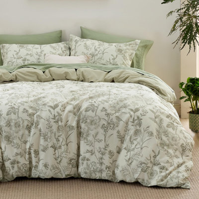Bedsure Duvet Cover 100% Cotton Botanical Green with Zipper, Reversible Floral Bedding Comforter Cover