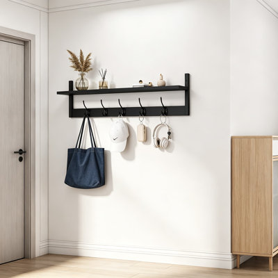 Porte-manteau mural avec étagère, patère d'entrée en bois à cinq crochets doubles, solution de rangement gain de place pour salle de bain, chambre, salon, cuisine, style rustique moderne et champêtre.