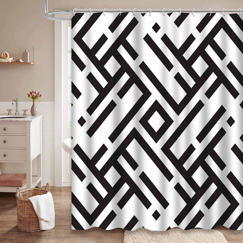 Rideau de douche abstrait à motif géométrique noir et blanc abstrait avec 12 crochets, L 72 po x l 78 po
