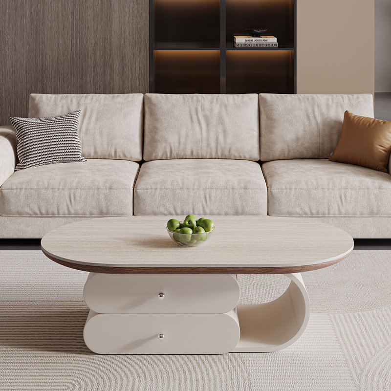 Modern style coffee table, 16.14" H x 51.18" L x 27.56" W, Beige Top/White Base