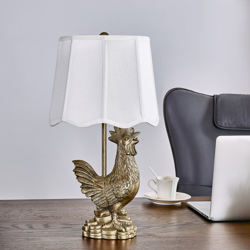 Lampe de table coq 23 po en résine dorée avec abat-jour en soie, Blanc, Doré