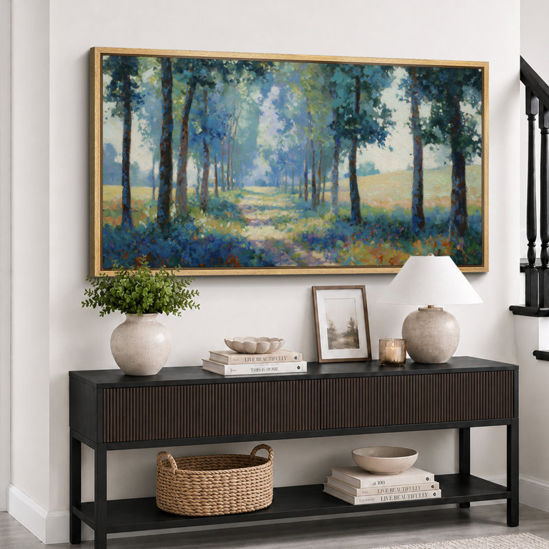 Sunlit Forest Path Landscape with Tall Trees and Wildflowers Nature Wall Decor Extra Large Pictures Framed Canvas Print Wall Art