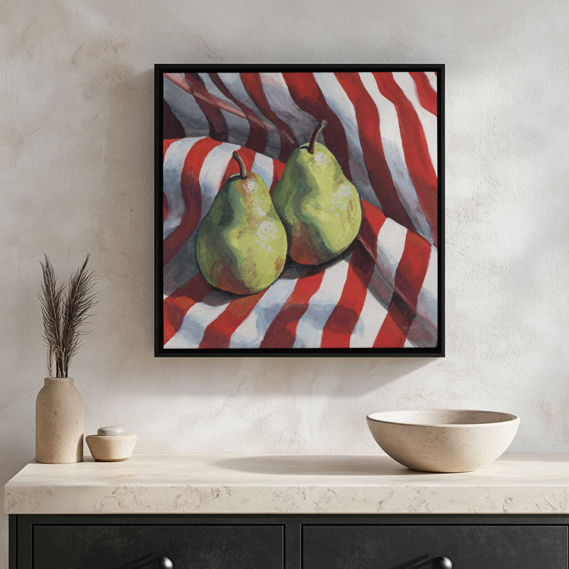 «Deux poires sur un tissu rayé» par Kate Jarvik Birch, reproduction d'art, 20 W x 20 H, Maple, Framed Canvas