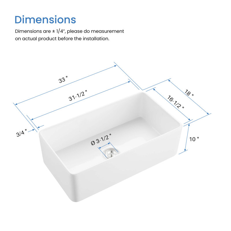 Pure 33" W Single Bowl Fireclay Farmhouse Kitchen Sink