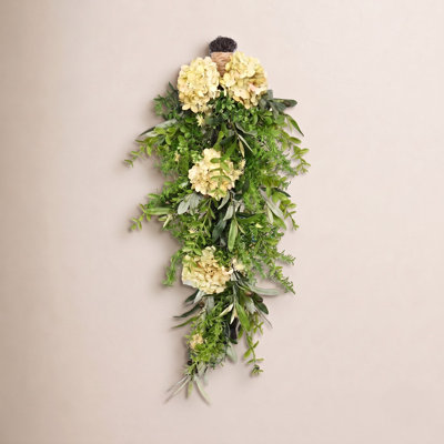 24" Artificial Real Touch Spring Summer Greenery Leaves Hydrangea Olive Branch Teardrop Floral Swag For Front Door