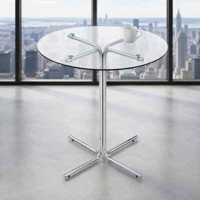 Table ronde haute en verre, table ronde de 36 pouces, plateau en verre trempé, support robuste à quatre colonnes chromé argenté, convient aux tables rondes transparentes dans les petits espaces, les cuisines