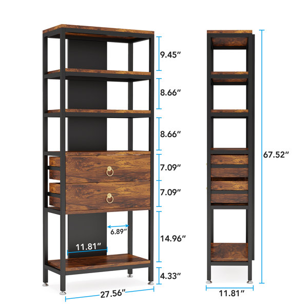 Industrial Bookshelf LED Light, 5-Tier Tall Display Case 2 Drawers, Free  Standing Open Storage Shelf