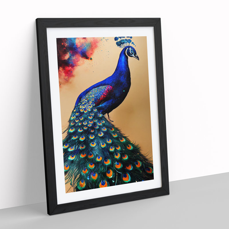 Vivid Peacock - Wall Art, Black Framed Paper, 36cm H x 27cm W x 2cm D, White