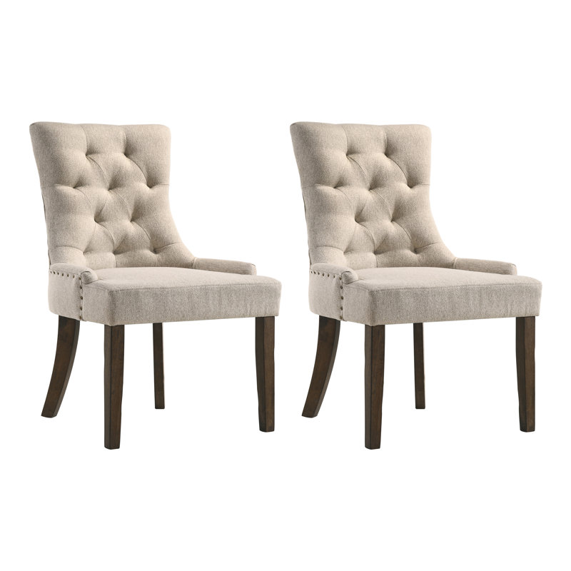 Beige Velvet Tufted Parsons Side Chair with Dark Brown Wood Legs