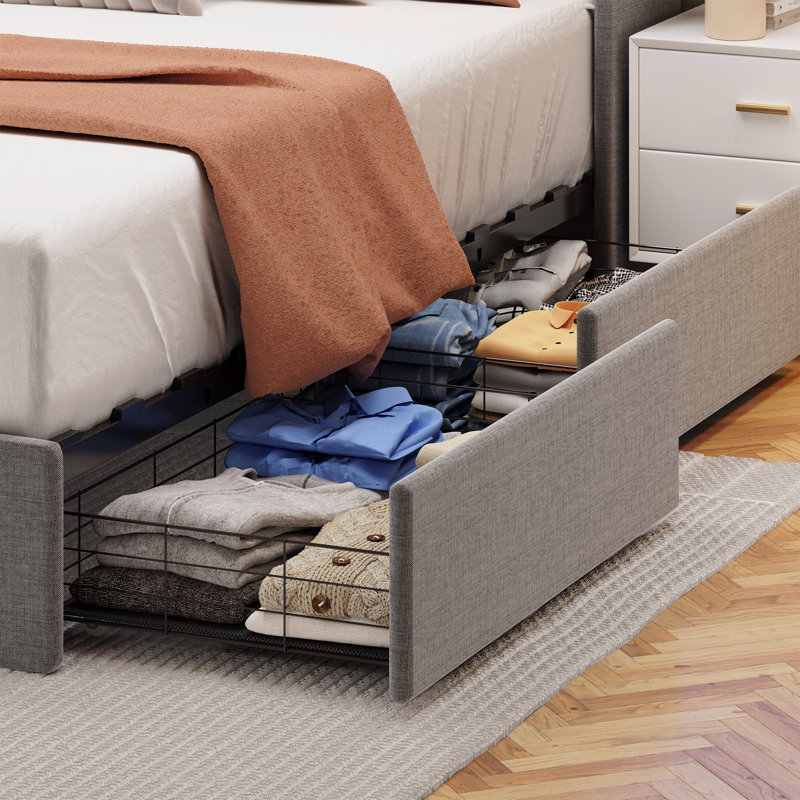 Bed Frame with LED, Wings Headboard Design, Dark Gray, Queen