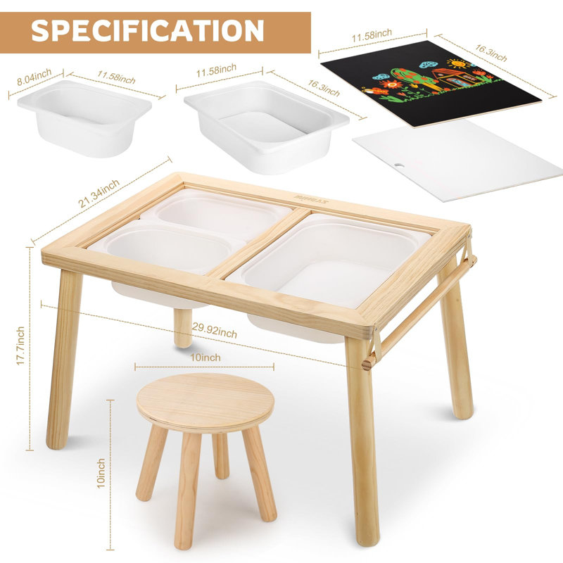 Ensemble de table de jeu et de chaise pour enfant avec 3 bacs de rangement et table roulante en bois massif Kids