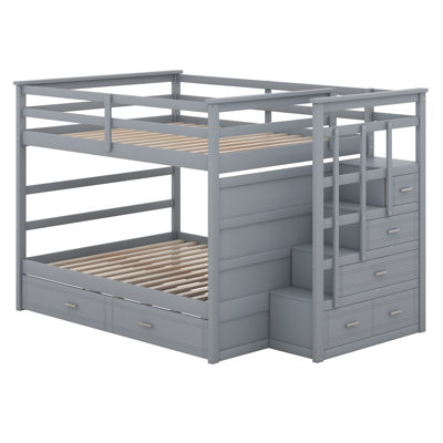 Lit superposé double au-dessus de double avec lit gigogne simple et escalier de rangement à 4 tiroirs, structure de lit superposé en bois avec garde-corps pleine longueur