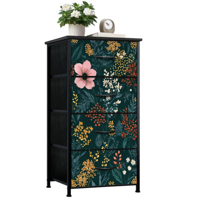 Commode pour chambre à coucher avec 4 tiroirs de rangement Botanical Floral Vintage Rose Jaune Blooms Commode vert foncé Commode en tissu avec cadre en acier pour chambre d'enfant