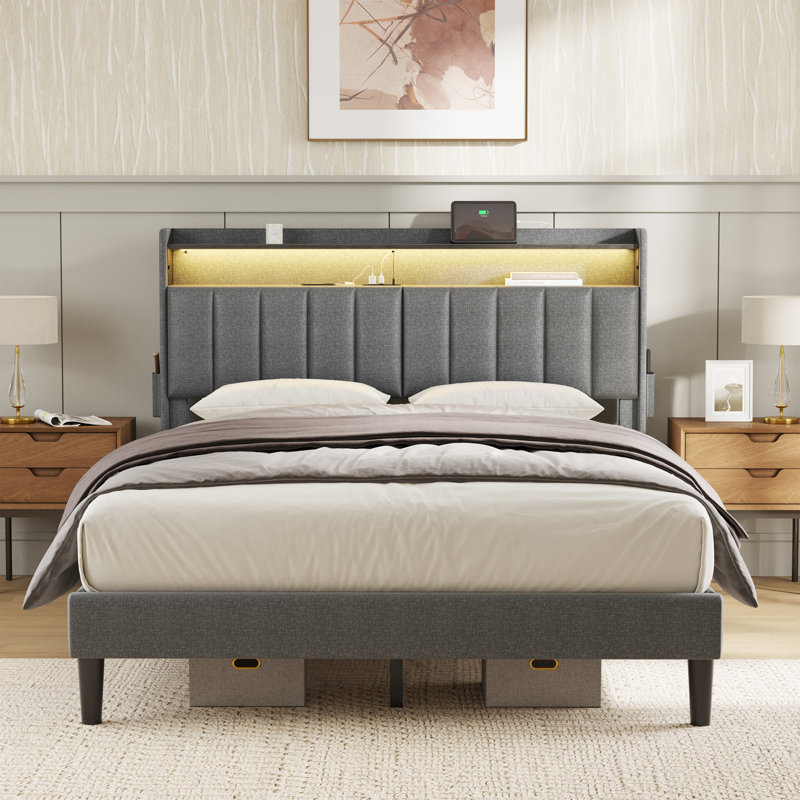 Neavins Bed Frame with Storage Headboard & LED Light, Upholstered Bed Frame with Charging Station, Full