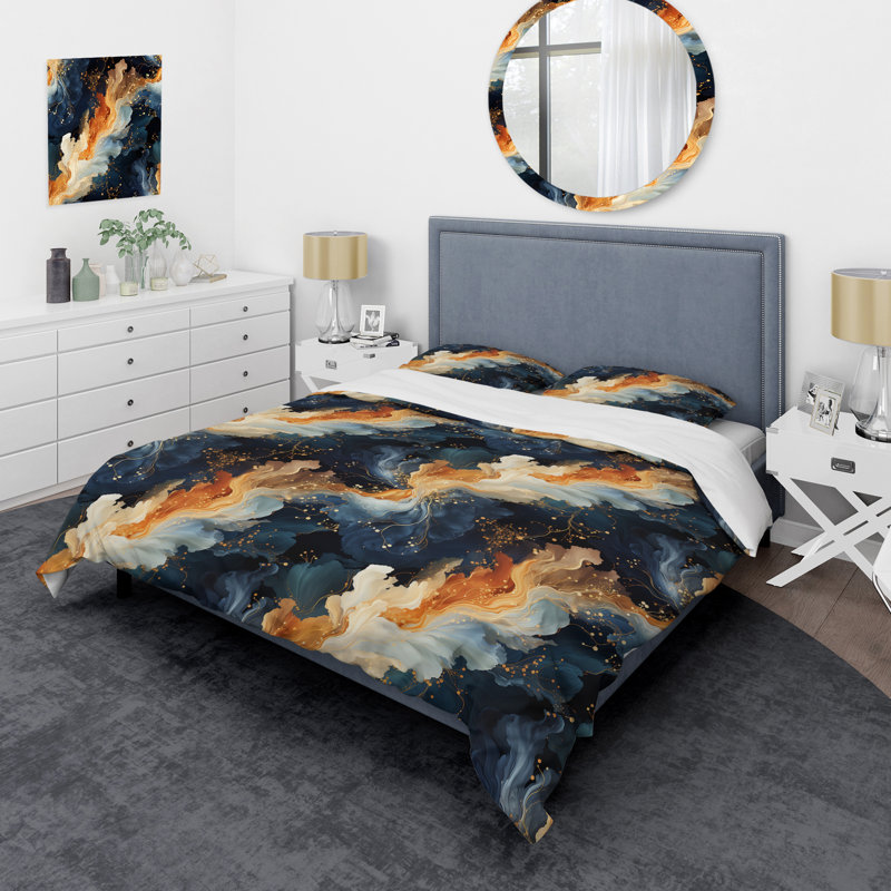 Literie orange et bleu sarcelle Astral Marble Dreams, Housse de couette pour grand lit et 2 taies décor