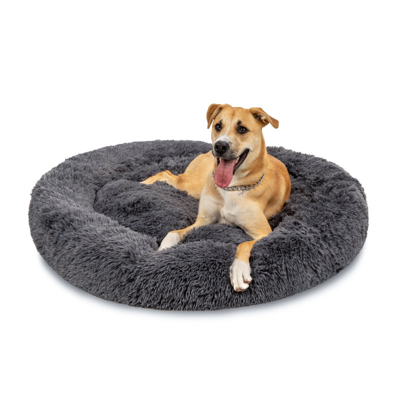 Extra Large Gray Plush Shag Fur Donut Dog Bed