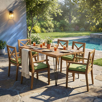Ensemble de salle à manger d'extérieur en bois d'acacia 7 pièces avec coussins verts, 6 grandes chaises modernes et 1 grande table