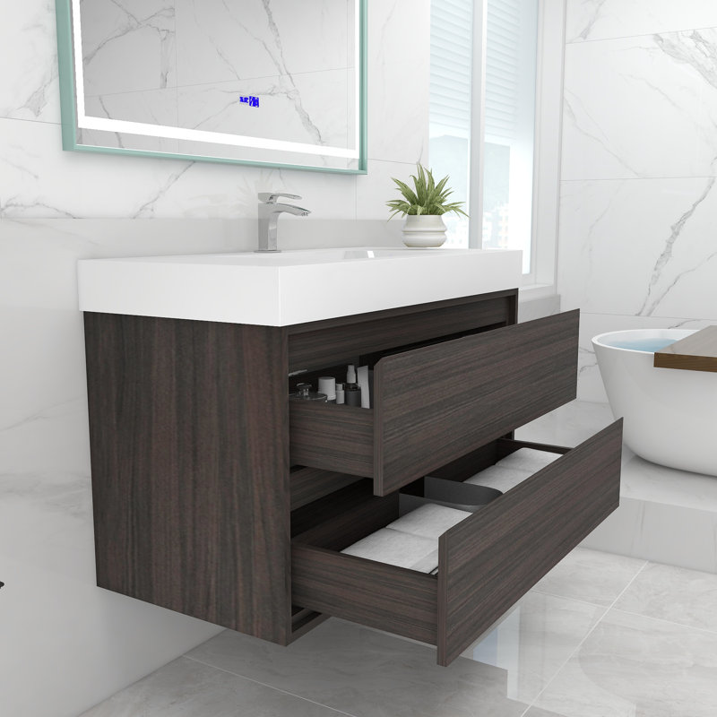 Base de meuble-lavabo mural 42 po Moreno avec plateau en acrylique renforcé Moreno, Chêne gris