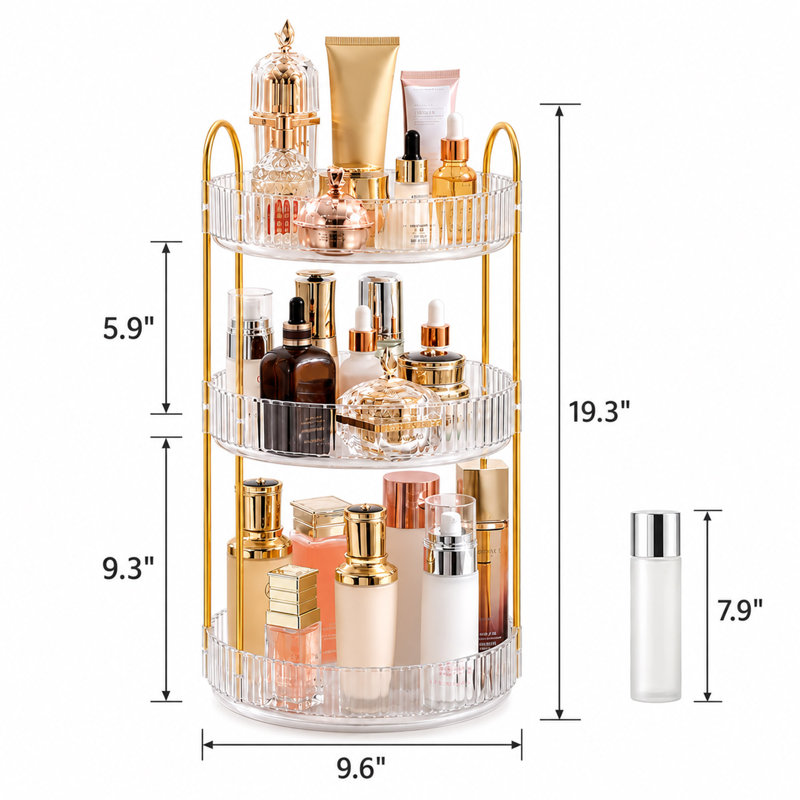 Organisateur de maquillage rotatif à 3 niveaux et à 360° avec plateaux transparents et tige en laiton