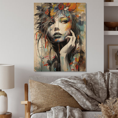 Jaddo Autumn Floral Portrait de femme II sur bois