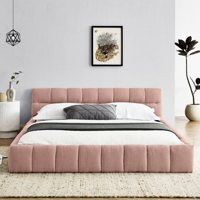 Lit en tissu de chenille rose - Plateforme grand avec tête de lit et cadre solide sans sommier tapissier confortable