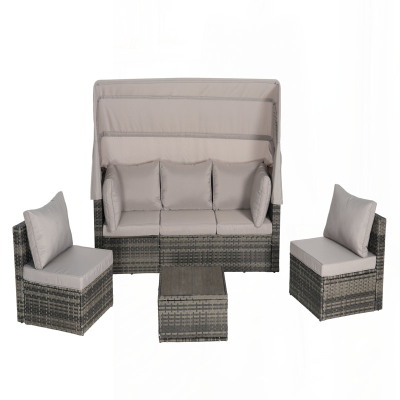 5 Pieces Outdoor Patio Wicker Daybed Furniture Set with Retractable Canopy, Storable Side Table, and Soft Cushions for Relaxing in Your Backyard or Porch