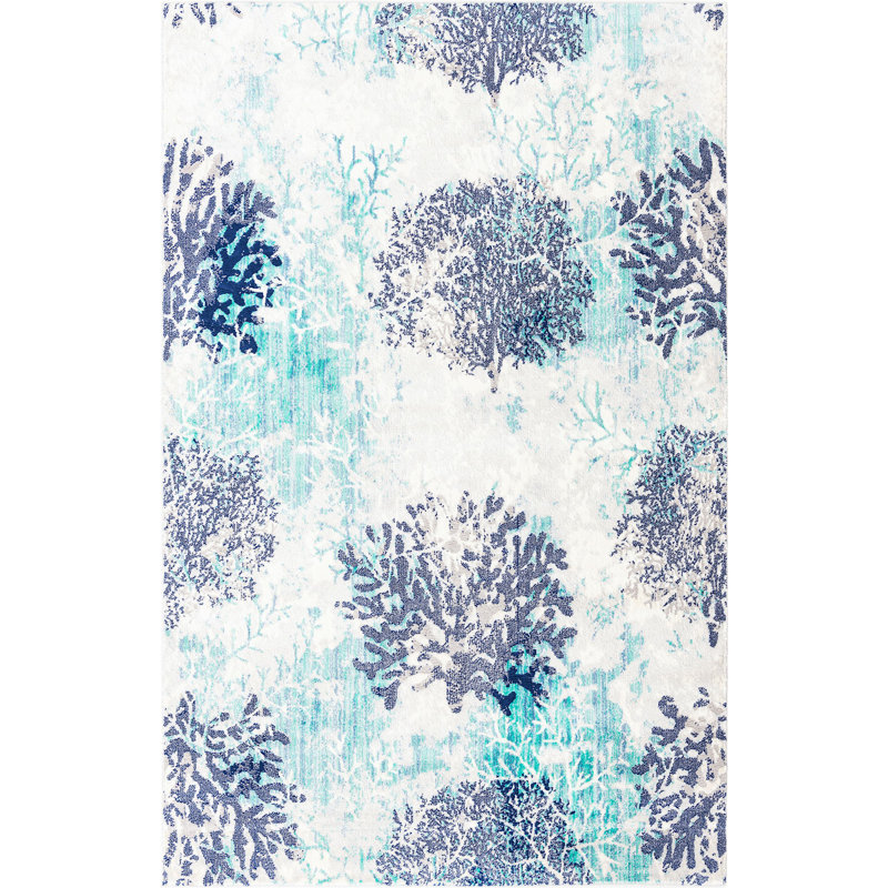 Tapis bleu turquoise à motif animalier Orason, Rectangle 5 pi 3 po x 8 pi