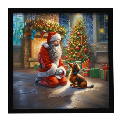 Teckel et père Noël, reproduction d'art encadrée
