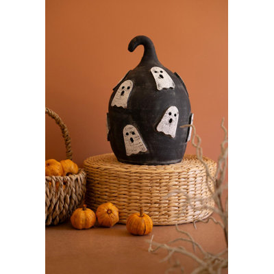 BLACK CLAY PUMPKIN WITH GHOSTS LUMINARY