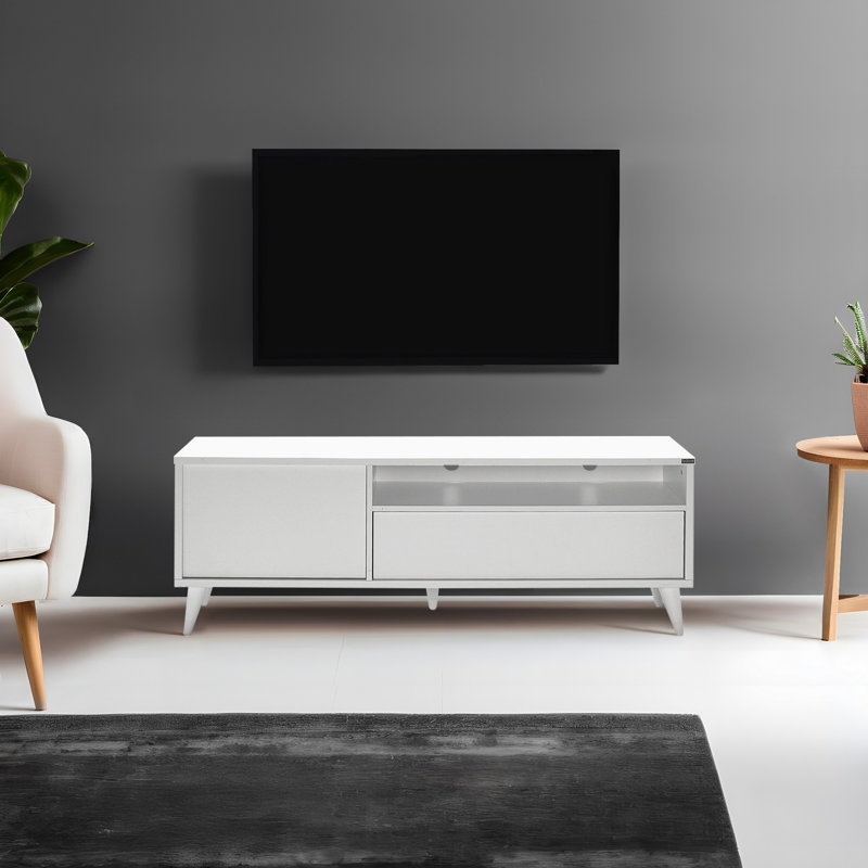 Modern White TV Stand with Wall-Mount Feature, 59.1 x 20.9 x 15.7 inches | 100% Melamine Coated Particle Board | Numerous Shelves for Entertainment Essentials | Stylish Design for Contemporary Living Spaces