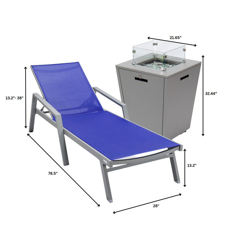 Marlin Navy Blue Aluminum Outdoor Chaise Lounge Chair with Fire Pit Table