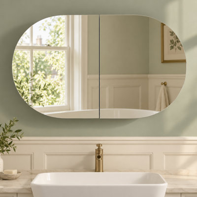 Soini Oval Bathroom Mirror Cabinet, 2 Door Wall Mounted Medicine Cabinet